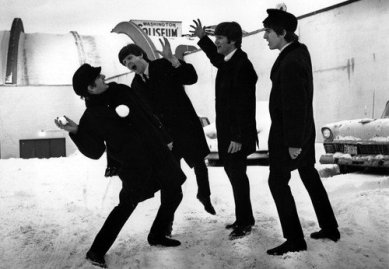 The Beatles have a snowball fight